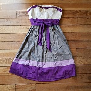 Max and Cleo strapless gray, purple white dress